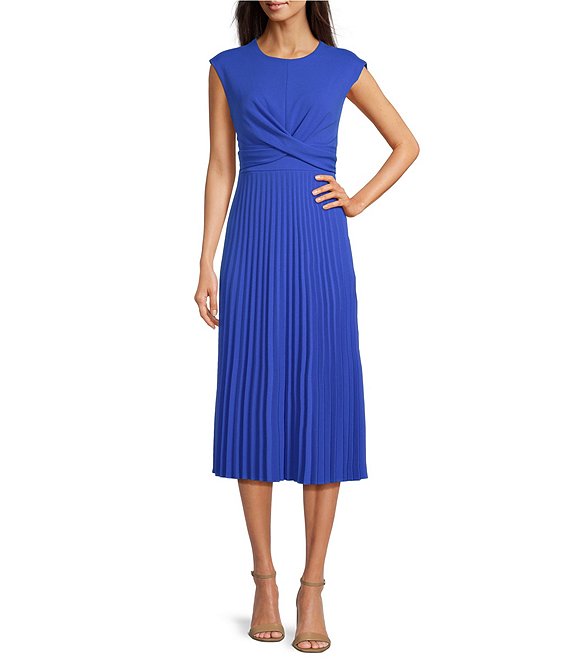 Calvin Klein Sleeveless Crew Neck Twist Waist Pleated Midi Dress | Dillard's