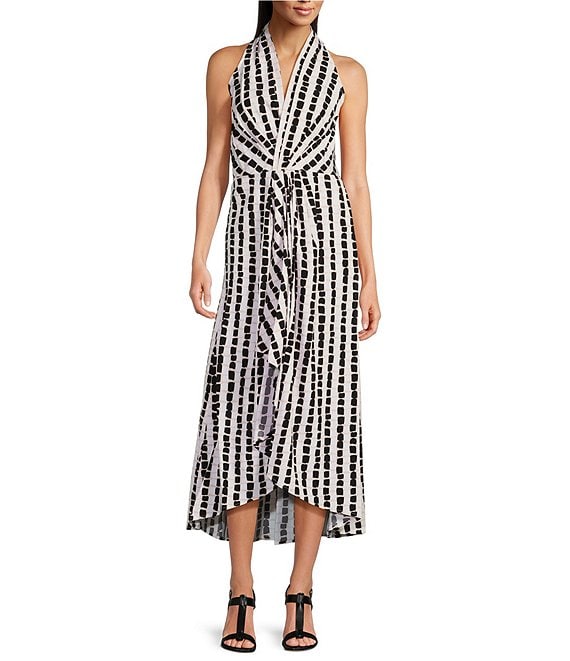 Calvin klein printed halter ruffle gown best sale