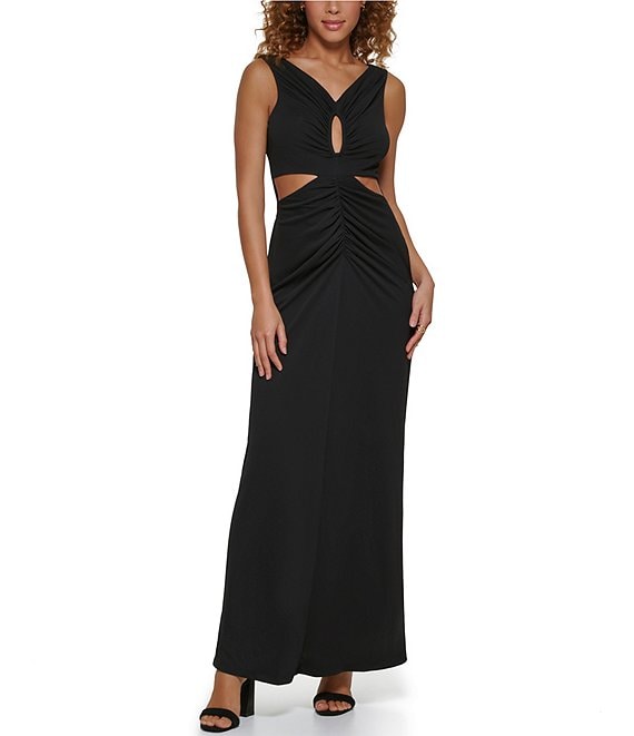 Calvin Klein Sleeveless V-Neck Cutout Ruched Front Long Dress | Dillard's