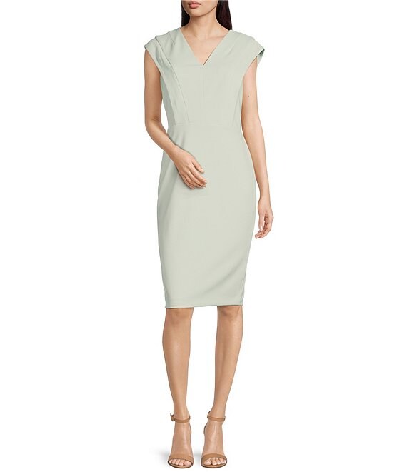 Color:Celadon - Image 1 - Sleeveless V-Neck Scuba Crepe Sheath Dress