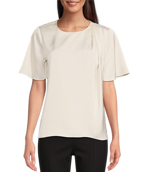 Calvin Klein Solid Charmeuse Crew Neck Short Sleeve Draped Top | Dillard's