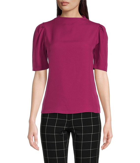 Color:Mulberry - Image 1 - Solid Crepe De Chine Mock Neck Short Puffed Elbow Sleeve Blouse