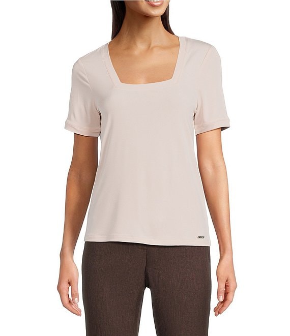 Calvin Klein Solid Knit Square Neck Short Sleeve Top