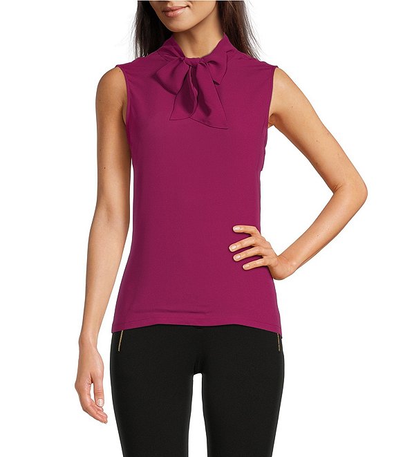 Color:Mulberry - Image 1 - Solid Mixed Media Tie Mock Neck Sleeveless Blouse
