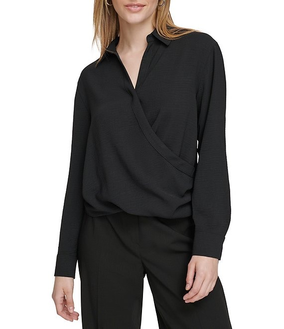 Calvin Klein Solid Rayon Point Collar Long Sleeve Faux Wrap Top | Dillard's