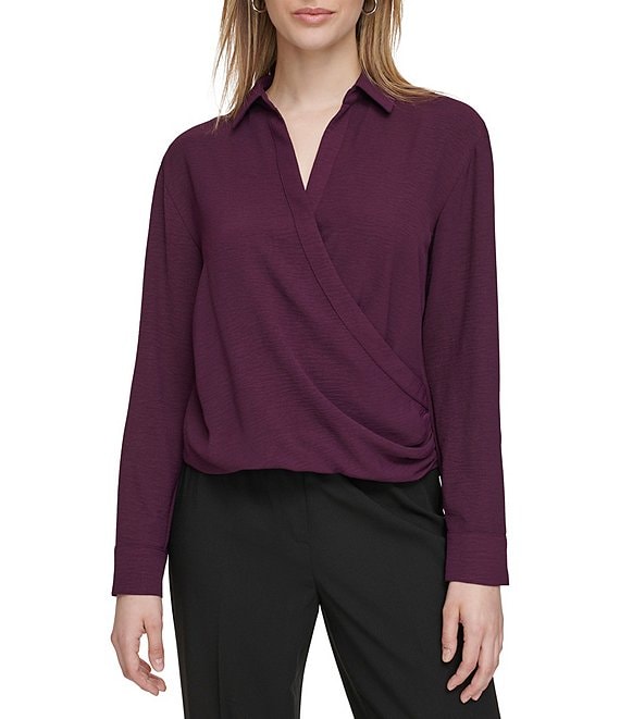 Calvin Klein Solid Rayon Point Collar Long Sleeve Faux Wrap Top