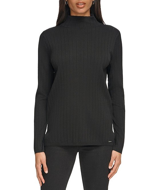 Calvin Klein Solid Ribbed Knit Mock Neck Long Sleeve Top