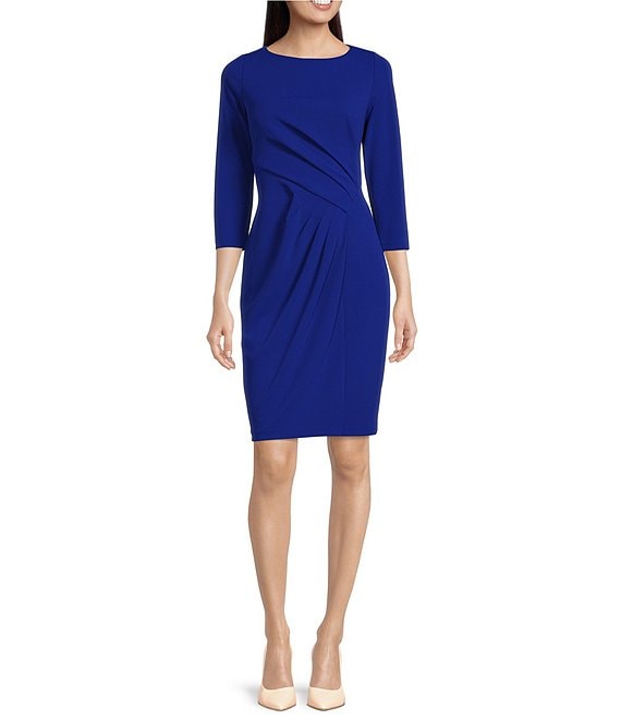 Calvin Klein Solid Scuba Crepe Round Neck 3/4 Sleeve Ruched Waist Pencil  Dress | Dillard's