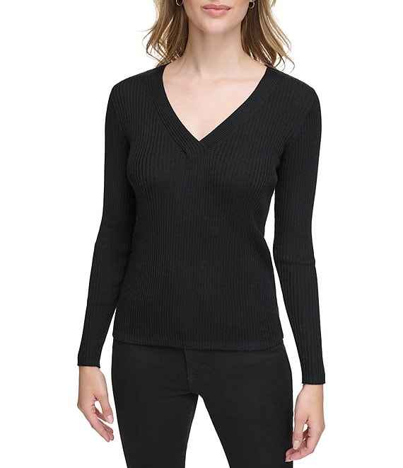 Calvin Klein Solid Wool Knit V-Neck Long Sleeve Fitted Top | Dillard's
