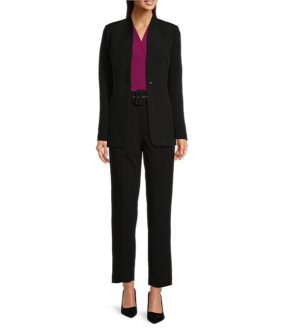 Calvin Klein Stretch V Neckline Long Sleeve Button Front Jacket Coordinating Belted Scuba Crepe Slim Ankle Length Pants Dillard s