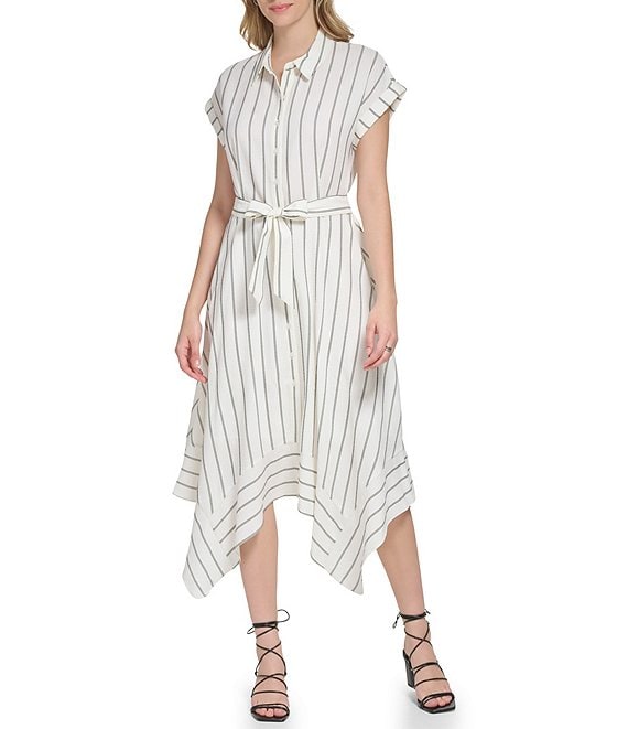 Calvin Klein Striped Print Point Belted Handkerchief Hem Button Dress | Dillard's