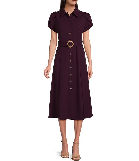 Color:Aubergine - Image 1 - Tulip Short Sleeve Button Front Point Collar Belted A-Line Midi Shirt Dress