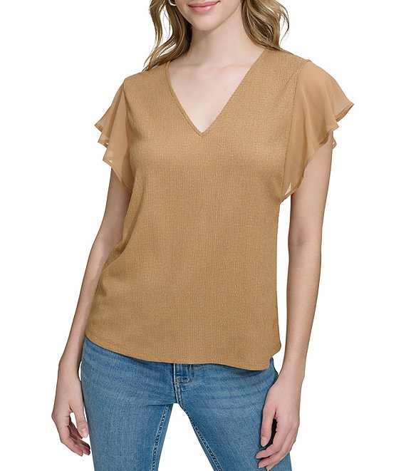 Tibi V shops Neck Flutter Sleeve Top