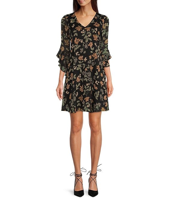 Calvin Klein V-Neck Floral Print Chiffon 3/4 Tiered Butterfly Sleeve ...