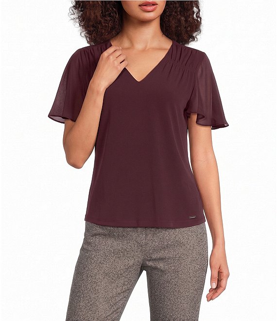 Calvin Klein V-Neck Flutter Sleeve Blouse