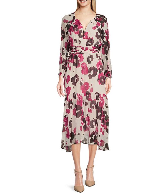 Calvin Klein Long Sleeve V-Neck Tiered Skirt Midi Dress