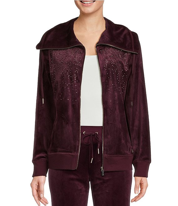 Calvin Klein Velour Shawl Beaded Zip Front Jacket