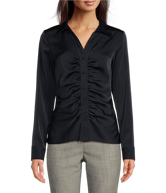 Calvin Klein Woven Satin Point Collar Long Sleeve Ruched Button-Front ...