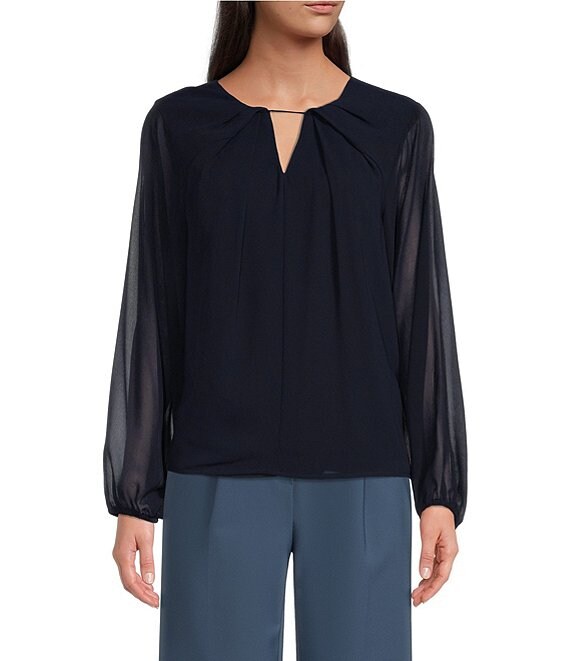 Calvin Klein Woven Shirred Jewel Neck Cutout Button Back Blouse | Dillard's