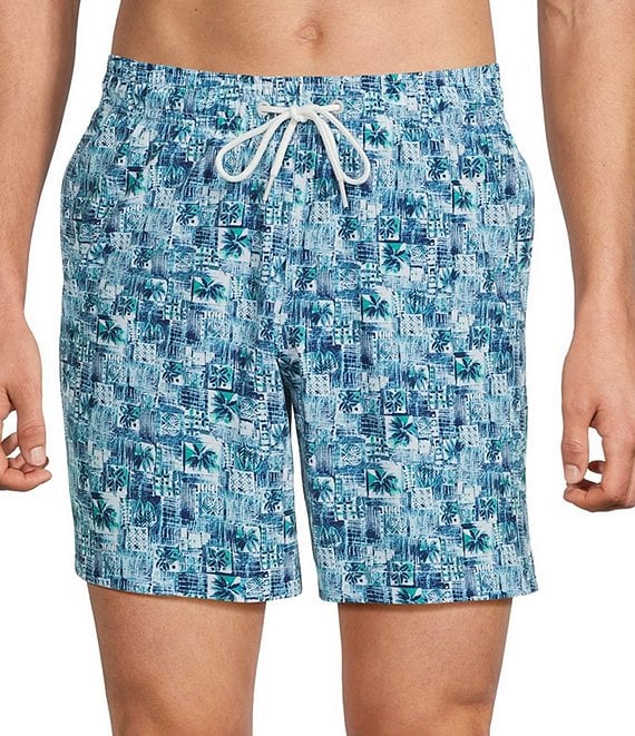 Caribbean Palm Grid 6#double; Inseam Swim Trunks