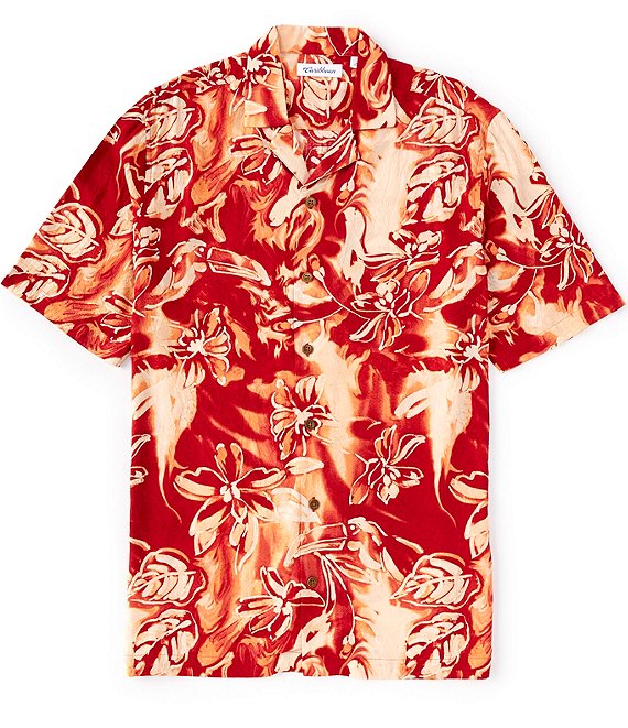 Caribbean Paradise Collection Printed True Red Short Sleeve Woven Camp ...