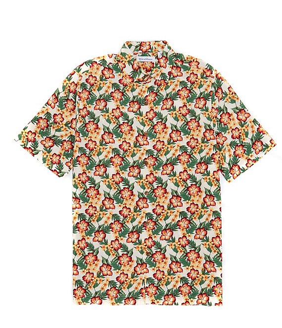 Caribbean Rayon Floral Leaf Print Short Sleeve Woven Shirt | Dillard's