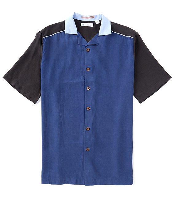 Caribbean Short Sleeve Color Block Woven Button Front Shirt