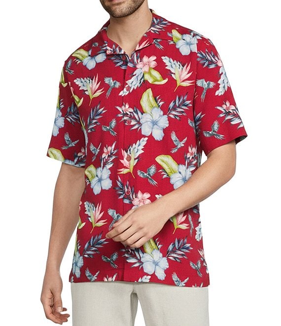 Caribbean Tropical Bird Printed Short Sleeve Woven Shirt