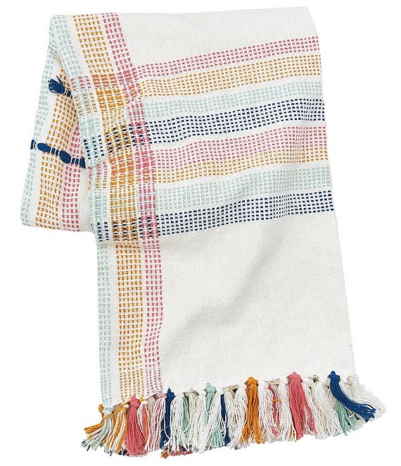 carol frank Wille Yarn Stripe Ladder Woven Multicolor Tassel Throw Blanket