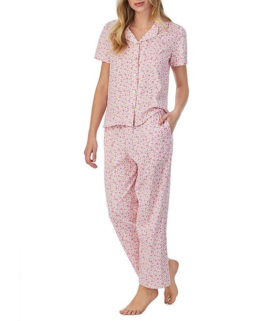 Color:White Ditsy - Image 1 - Ditsy Floral Print Notch Collar Short Sleeve Knit Pajama Set