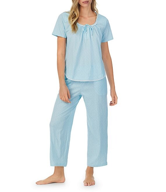 Color:Aqua Dot - Image 1 - Dot Print Short Sleeve Scoop Neck Knit Capri Pajama Set