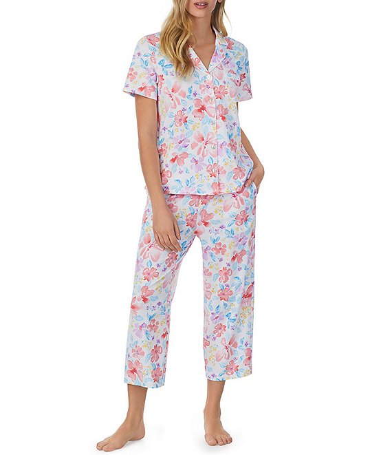Carole Hochman Floral Jersey Knit Notch Collar Short Sleeve Capri Pajama Set