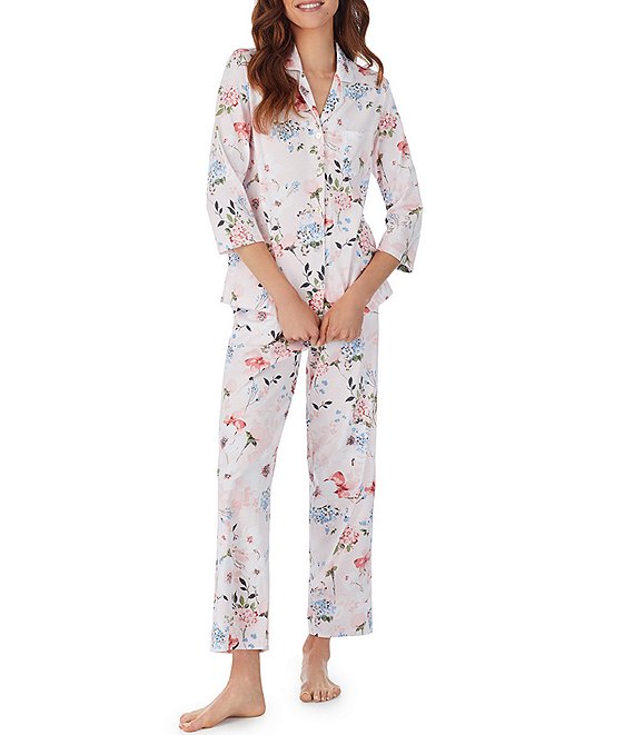 Carole Hochman Floral Print Notch Collar 3 4 Sleeve Cotton Pajama