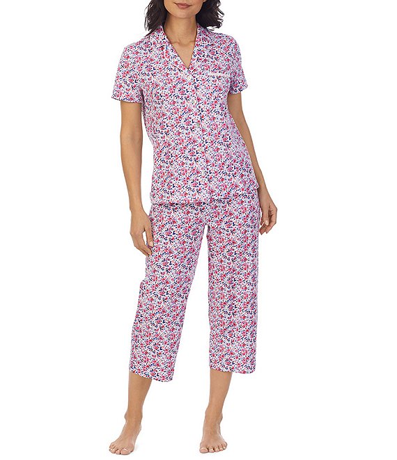 Carole Hochman Floral Print Notch Collar Short Sleeve Cotton Pajama Set ...
