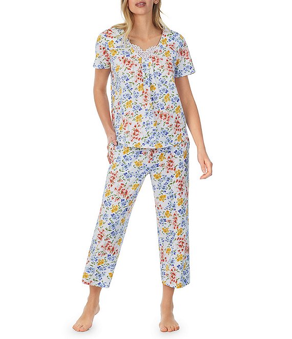 Carole Hochman Floral Print Short Sleeve V-Neck Capri Pant Jersey Knit Pajama Set