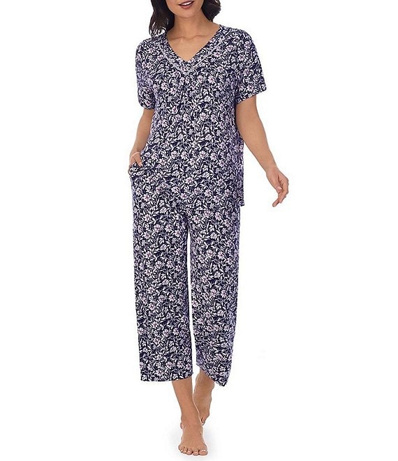 Carole Hochman Floral Print V-Neck Short Sleeve Cropped Pajama Set ...