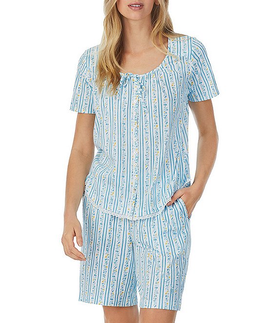 Carole Hochman Floral Striped Print Button Front Knit Bermuda Pajama Set