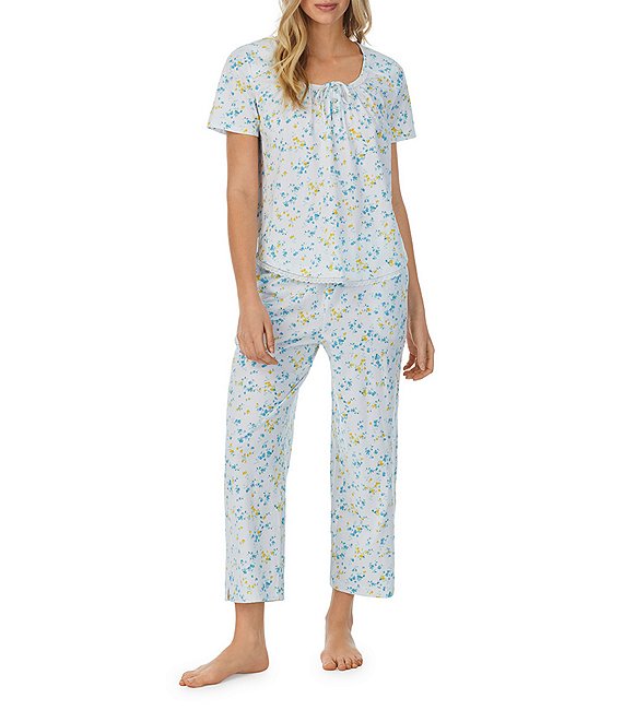 Color:White Ditsy - Image 1 - Knit Ditsy Floral Print Short Sleeve Scoop Neck Capri Pajama Set