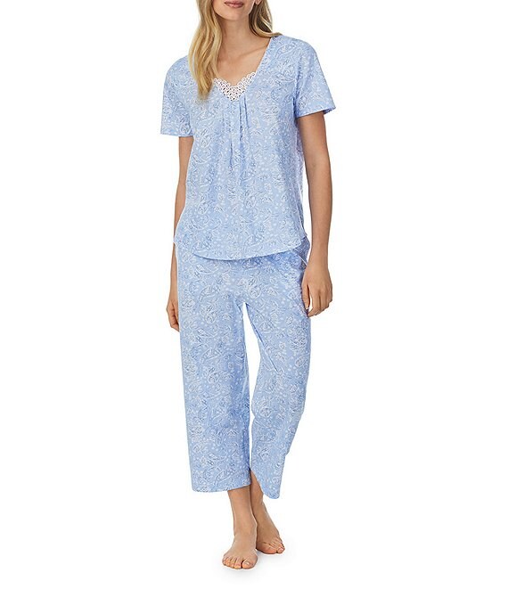 Carole Hochman Paisley Print Short Sleeve V-Neck Capri Pant Jersey Knit Pajama Set