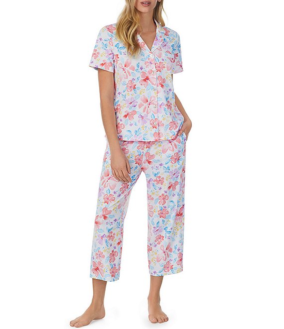 Carole Hochman Petite Size Floral Jersey Knit Notch Collar Short Sleeve Capri Pajama Set