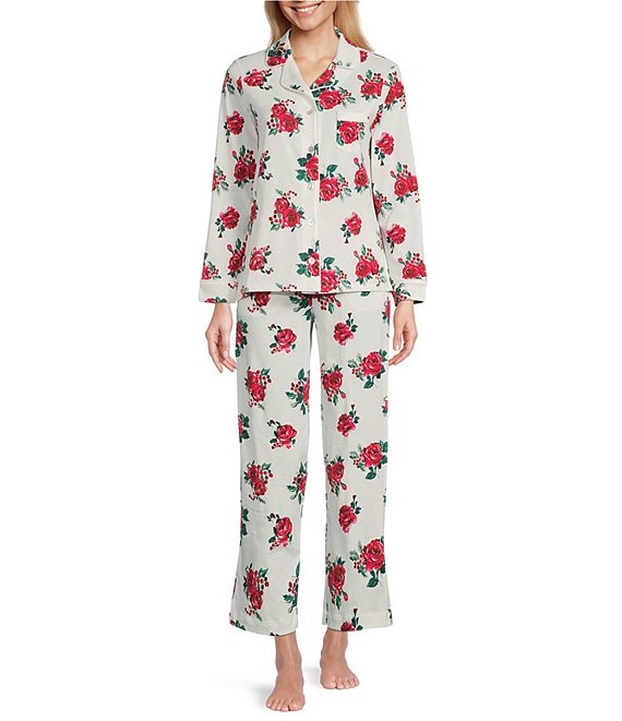 Carole Hochman Petite Size Floral Print Notch Collar Long Sleeve Cotton Jersey Pajama Set