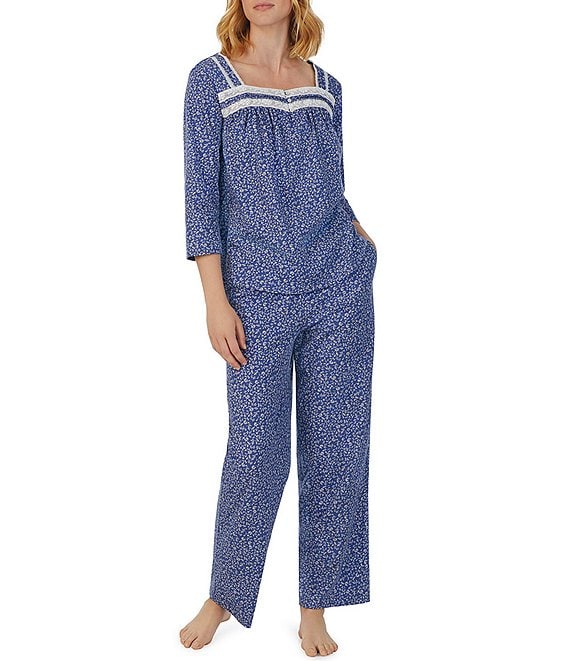 Carole Hochman Petite Size Jersey Knit Leaf Print 3/4 Sleeve Square Neck  Pajama Set