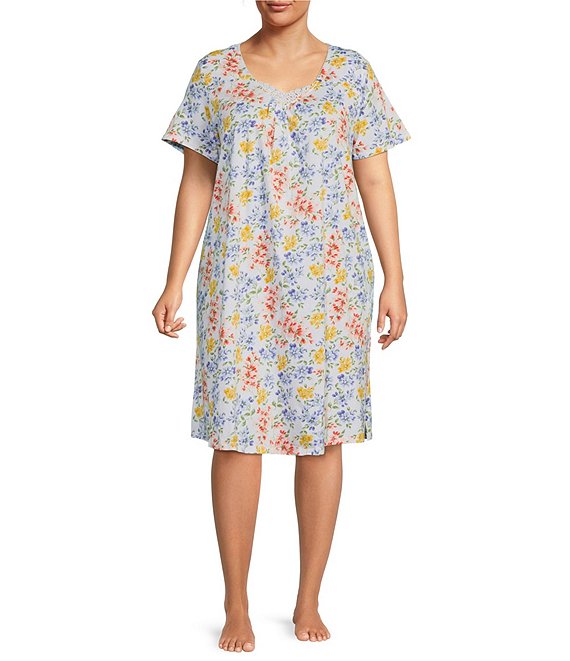 Carole Hochman Plus Size Floral Print Short Sleeve V Neck Knit