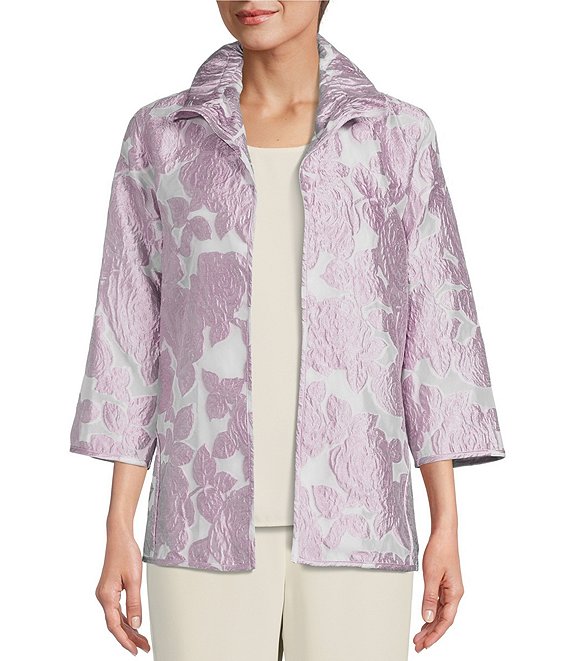 Color:Lavender/White - Image 1 - Devore Burnout Lavender Rose Print Jacquard Ruched Stand Collar 3/4 Sleeve Statement Jacket