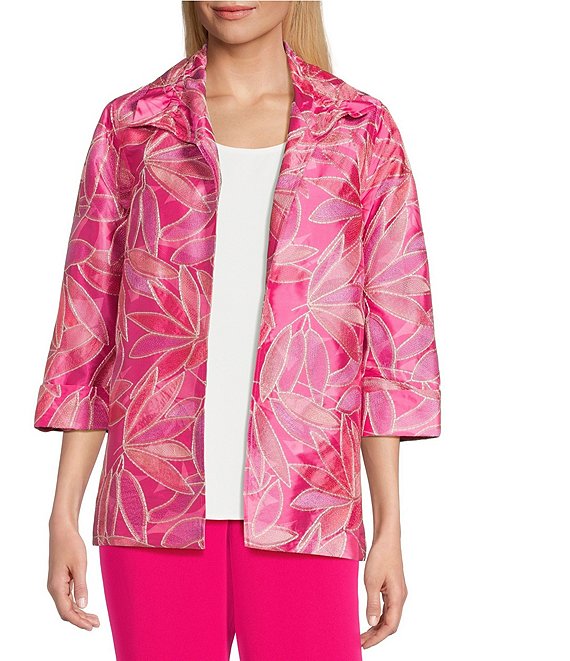 Caroline Rose Embroidered Floral Ruched Collar 3/4 Sleeve Open-Front Statement Jacket