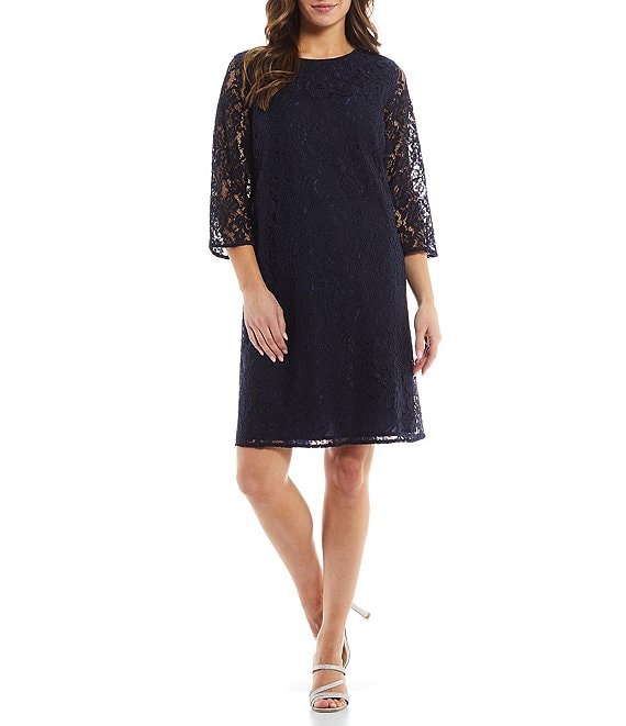 Color:Navy - Image 1 - Lace Round Neck 3/4 Sleeve Shift Dress