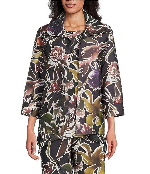Caroline Rose Floral Print Mikado Spread Collar Bracelet Sleeve Coordinating Jacket, Multi Black - Image 1