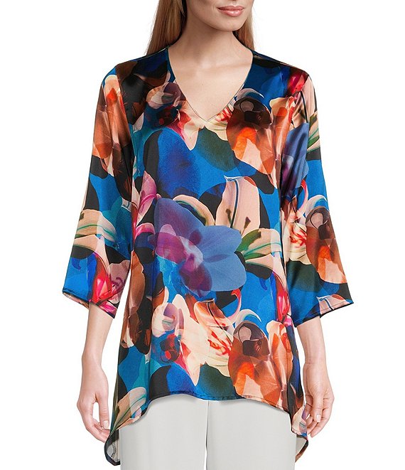 Caroline Rose Floral Print Sateen V-Neck 3/4 Sleeve Side Drape Tunic ...