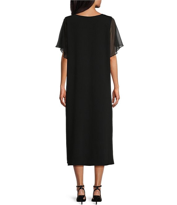 Caroline Rose Georgette Short Flutter Sleeve Matte Crepe Scoop