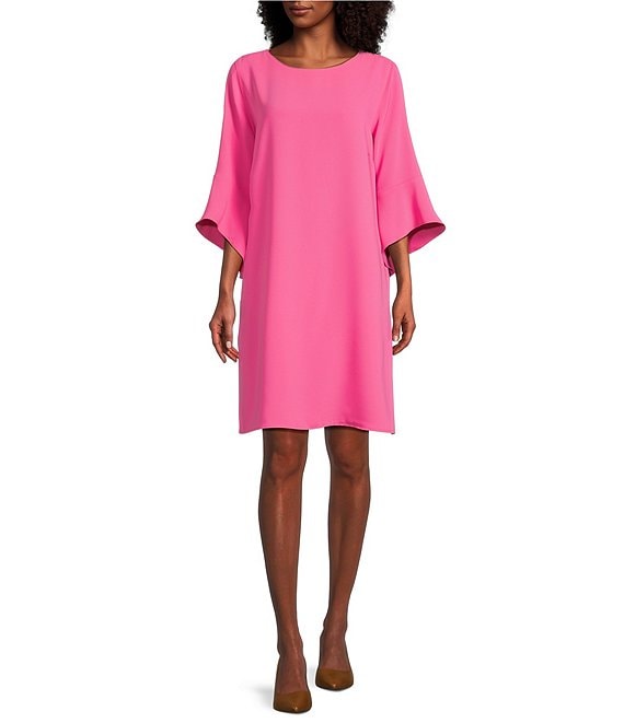 Color:Pink Punch - Image 1 - Julia Matte Crepe 3/4 Ruffle Sleeve Shift Round Neck Shift Dress